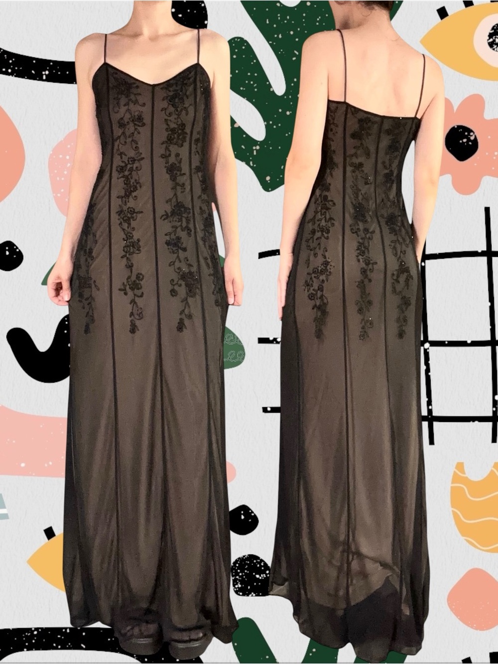 Laundry by Shelli Segal | Vintage Y2K Black Illusion Mesh Embroidered Maxi Gown